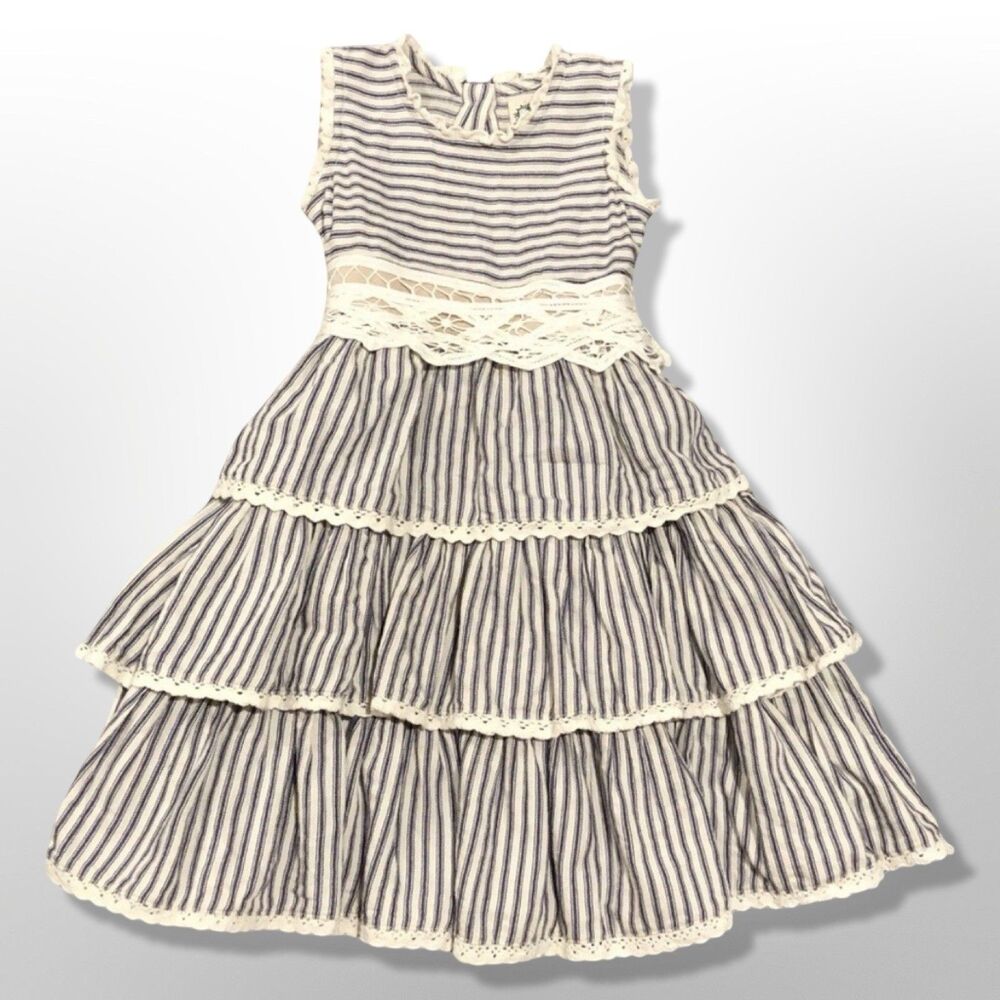Mustard Pie Little Prim Felicity Dress Girls 2T Ticking Stripe Ruffle Lace
